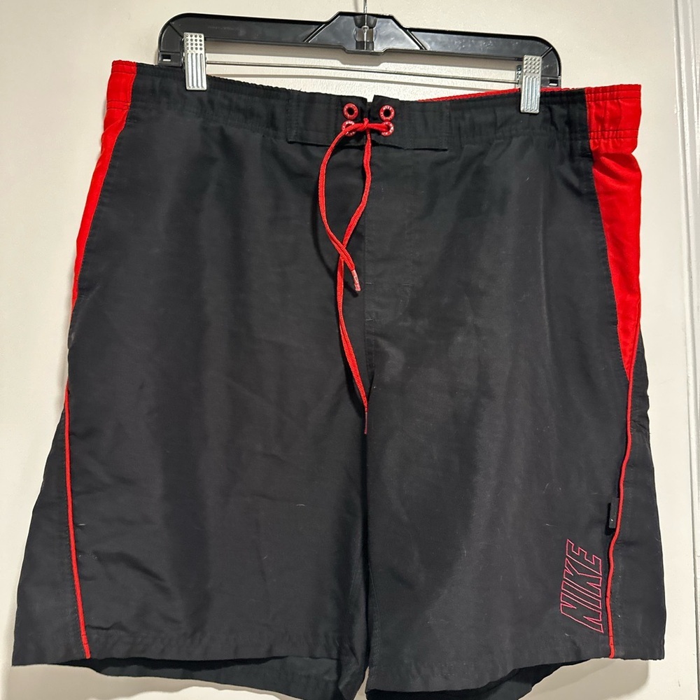 Vintage Nike Sz: M Red Black Embroidered Spellout Logo Swim Surf Board Trunks.